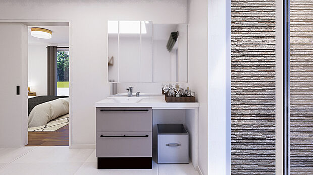 【洗面化粧台】◇キレイアップカウンターはバックガードが飛び散った水滴をサッと拭き取れます。キレイアップ水栓は水栓まわりに水がたまらないのでお掃除簡単。ホースを引き出せます。