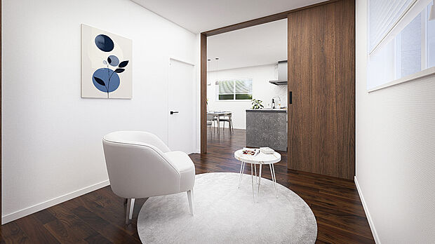 【1号棟・洋室・完成予想パース】◇キッチンの隣に設えた通り抜けができるスペース。個人の居室としてはもちろん、パントリーやストックルーム、仕事や趣味のスペースとして多用途に使える空間です♪