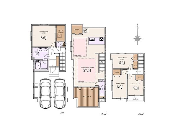 【2LDK+2S】建物面積:168.14m2(車庫面積26.79m2・屋外面積11.43m2・デッドスペース部分0.50m2含む) 土地面積:95.51m2(建築確認申請上の控除面積1.21m2含む)