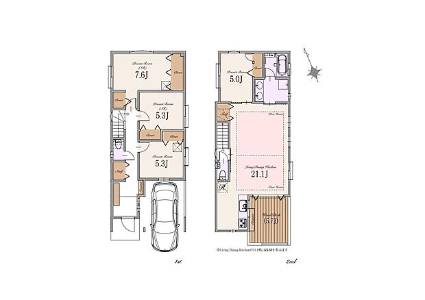 【2LDK＋2S】建物面積:120.52m2（車庫面積13.74m2)