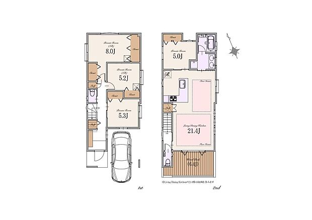 【2LDK+2S】建物面積：122.92m2(車庫面積14.09m2・ポーチ部分2.84m2含む)