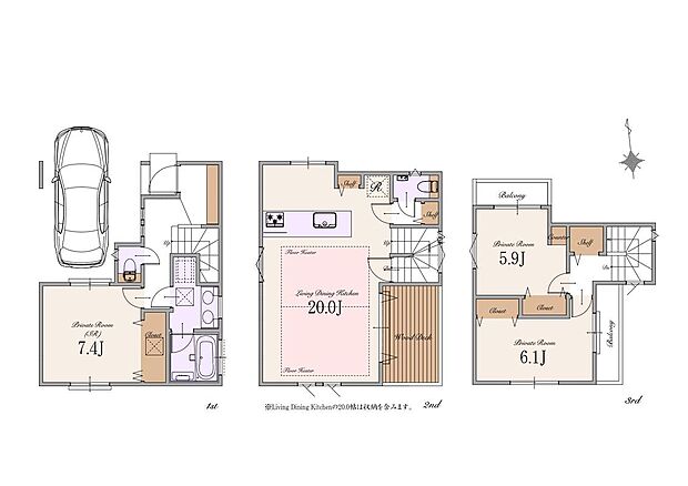 【B区画　参考プラン】土地価格：7,190万円　建物参考プラン価格：2,800万円(税込)　総額：9,990万円(税込)　土地面積：約70m2　建物面積：約114m2(車庫面積約14m2・ポーチ部分約2m2含む)