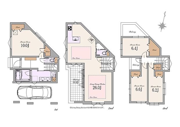 【4LDK】建物面積：155.01m2（車庫面積17.51m2、2Fバルコニー6.41m2、3Fバルコニー0.58m2含む）