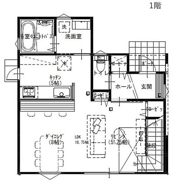 【建物プラン例【キナリ1階】】建物価格　2300万円
建物面積　96.53m2
水回りがコンパクトに配置され家事動線が短く家事が楽になるプランです。