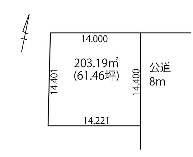 【区画図】
土地面積は約61坪、カースペースやお庭の設計もご検討いただける広さです。建物の配置や間取りの自由度が高い、間口の広い整形地となっております。