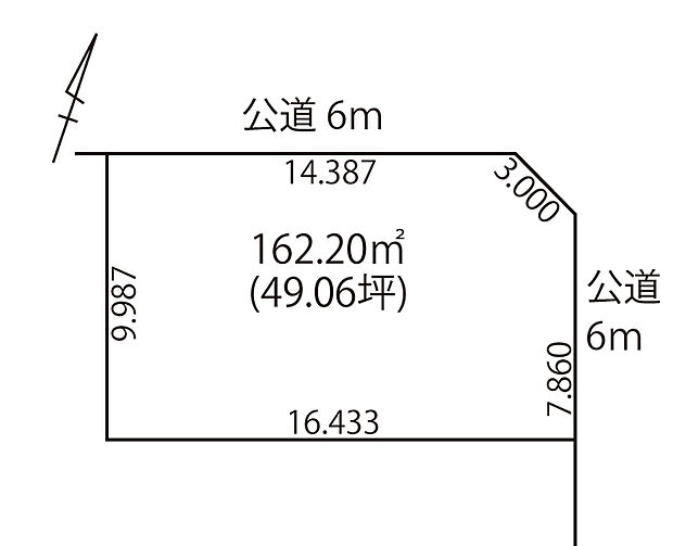【区画図】
複数台駐車可能なカースペースや、広いお庭もご検討いただける約49坪の土地面積。建築設計しやすい整形地です。