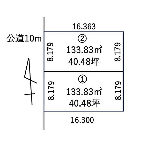 【全体区画図】
全2区画の売地が登場!様々な間取りにも対応しやすい、バランスの良い整形地です。