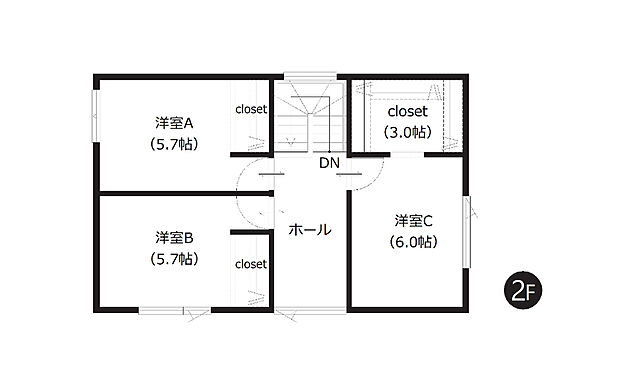 【2階間取図】
WICを含む全居室収納付き。収納充実プランでお荷物の多いファミリーにもおすすめです。多目的に利用できる広々ホールスペースも魅力!