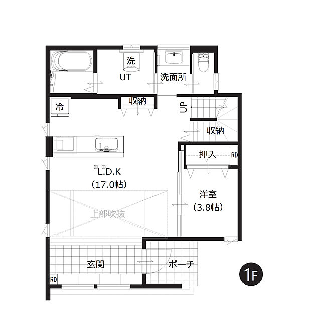 【1階間取図】
開放感あふれる大きな吹抜け、広々とした土間空間が魅力の1階部分。LDKは約17帖とゆとりの広さがあり、自然とご家族が集まります。