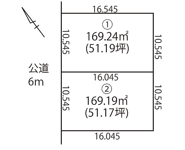 【全体区画図】
約51坪のゆとりある整形地、全2区画の売地が誕生しました。幅員約6mの広い道路に面し、ゆとりを感じられる立地です。
