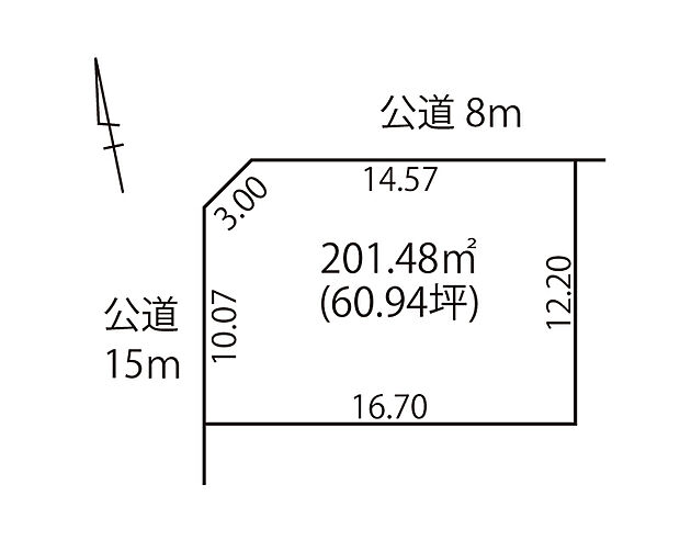 【区画図】
約60坪の広々とした土地面積が魅力の売地。建築設計のしやすい間口の広い整形地で、夢が広がりますね。