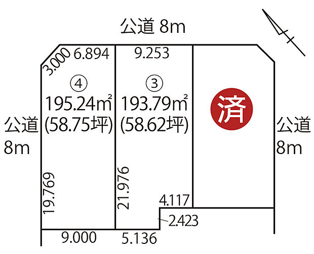 【全体区画図】
角地含む全4区画。50坪超えのゆとりある敷地で夢が広がります。