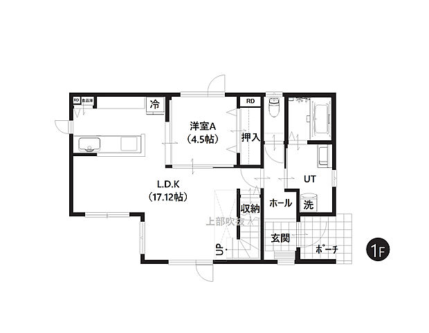 【4LDK】【1階間取り図】
LDKはゆとりの約17帖。上部吹抜けで開放感がございます。対面キッチンやリビング階段を採用しご家族とコミュニケーションも取りやすいです。