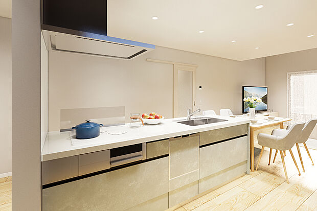 【4号地パース】たっぷり収納つきのキッチン。ナチュラルな木目調に合うシンプルで飽きのこない仕様ですね◎