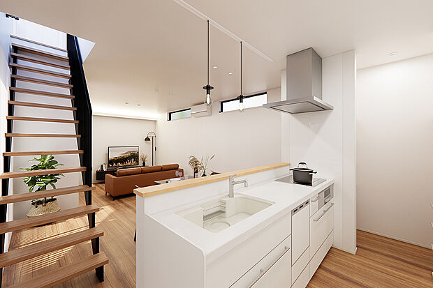 【キッチン】ステンレスでできたキャビネットはキッチンで気になりやすいにおいやカビの繁殖に強く、お手入れがしやすくなっています。（完成予想パース）