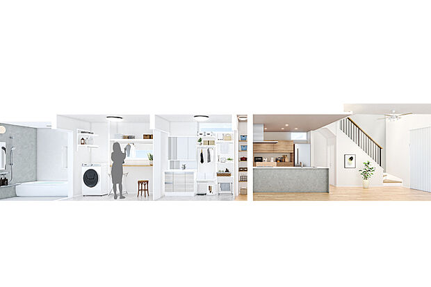 【≪快適な家事導線≫】キッチン、洗面所、バスルームなどの水まわり空間を集中させ、お料理や洗濯、お風呂の掃除まで、一連の流れで効率的に家事をこなすことが可能に。家事ラクと時短を両立させ、自分の自由時間をアップ。賢くスマートに