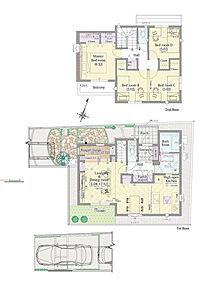 3LDK+小上がりラウンジ+パントリー+ファミリーステーション

■敷地面積：119.84m2(36.25坪)
■建物面積：  98.97m2(29.74坪)
■１階面積：  51.96m2(15.68坪)
■２階面積：  47.01m2(14.06坪) 