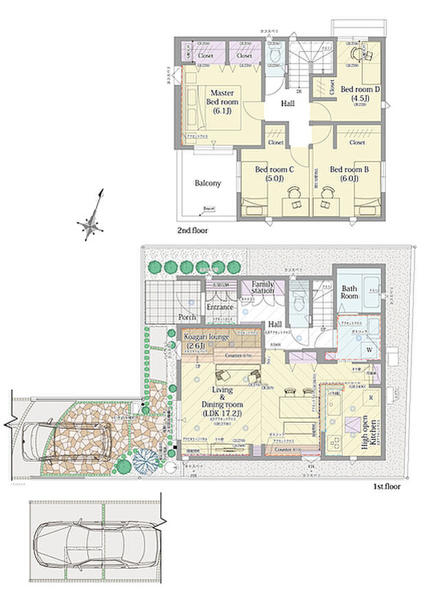 【3LDK】3LDK+小上がりラウンジ+パントリー+ファミリーステーション

■敷地面積：119.84m2(36.25坪)
■建物面積：  98.97m2(29.74坪)
■１階面積：  51.96m2(15.68坪)
■２階面積：  47.01m2(14.06坪)
