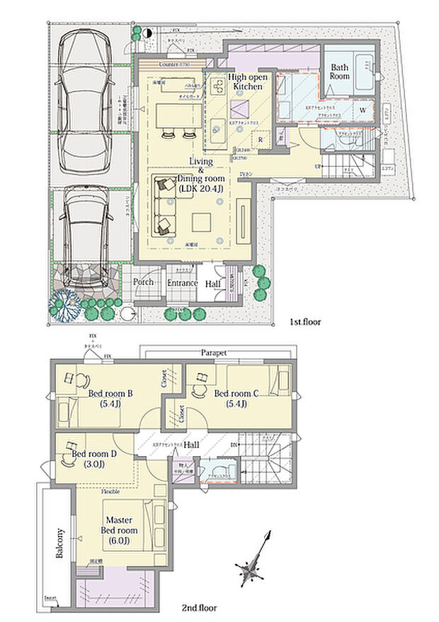【3LDK(4LDK対応可※有償対応)】3LDK(4LDK対応可※有償対応)+ウォークインクロゼット+
バックヤード

■敷地面積：100.05m2(30.26坪)
■建物面積：  93.87m2(28.34坪)
■１階面積：  48.85m2(14.75坪)
■２階面積：  45.02m2(13.59坪)