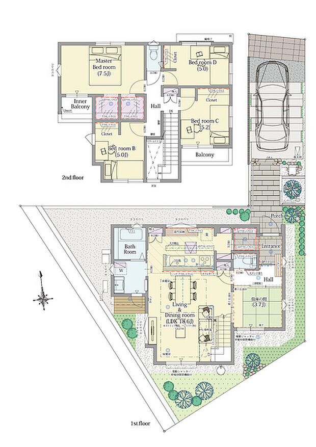 【5LDK】5LDK+ウォークインクロゼット+シューズクローク+パントリー

■敷地面積：145.24m2(43.93坪)
■建物面積：106.81m2(31.49坪)
■１階面積：  53.61m2(16.18坪)
■２階面積：  53.20m2(15.31坪)