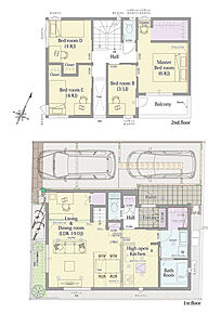 4LDK+バックヤード+ウォークインクロゼット

■敷地面積：100.17m2(30.30坪)
■建物面積：  92.94m2(28.06坪) 