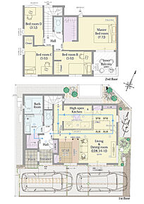 4LDK+小上がりラウンジ+ウォークインクロゼット

■敷地面積：105.49m2(31.91坪)
■建物面積：  99.16m2(28.36坪) 