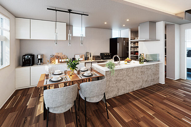 【デザインにこだわり、心が和むキッチン空間】料理や家事でキッチンに立つのが楽しくなるよう、機能性を高めながら、カウンターや収納の色彩やデザインを吟味。
