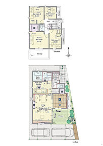 4LDK+ファミリークロゼット+パントリー+シューズクローク+テラス

■敷地面積：110.09m2(33.30坪)
■建物面積：103.71m2(29.43坪)
■１階面積：57.96m2(15.62坪)
■２階面積：45.75m2(13.81坪) 