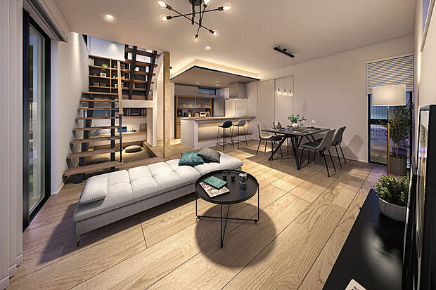 【本と暮らす階段ライブラリーの家】晩酌やカフェを楽しみながら家族と会話を満喫できるキッチンカウンターや自分らしい時間を過ごせる見晴らし、こもりスペースなど個性的な暮らしを楽しめるプランです。