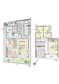 3LDK+籠りスペース+ファミリークロゼット+シューズクローク+パントリー

■敷地面積：100.46m2(30.38坪)
■建物面積：100.40m2(30.31坪)
■１階面積：  51.34m2(15.50坪)
■２階面積：  49.06m2(14.81坪) 