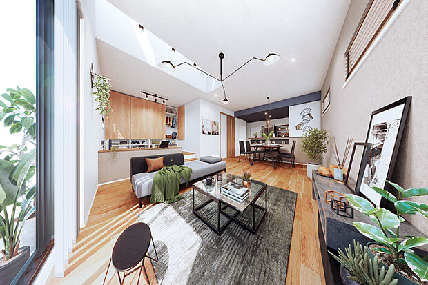 【1号棟内観パース】周辺の緑と調和するようにシックな色合いを採用。
各邸のフォルムは飽きがこないよう変化をもたせました。
道幅にゆとりのある前面道路とカースペースがアプローチに広がりと陽だまりスペースを創出しています