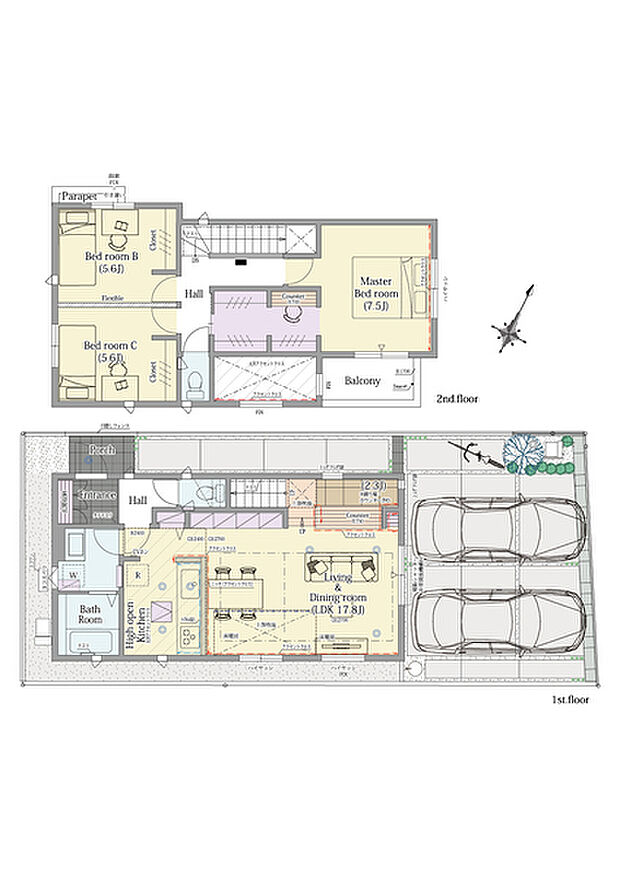【3LDK】3LDK(2LDK対応可※有料オプション)+小上がりラウンジ+パントリー+ファミリーステーション+ウォークインクロゼット

■敷地面積：110.01m2(33.27坪)
■建物面積：  92.53m2(27.93坪)
■１階面積：  47.82m2(14.43坪)
■２階面積：  44.71m2(13.50坪)