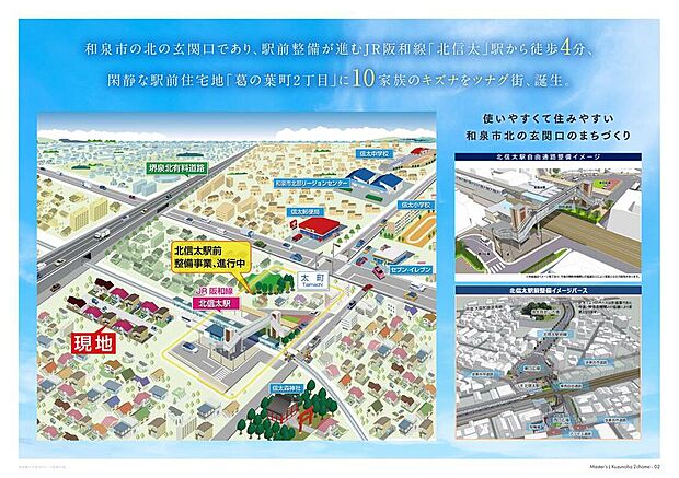 【周辺マップ】
和泉市の北の玄関口であり、駅前整備が進むJR阪和線「北信太」駅から徒歩4分、閑静な駅前住宅地「葛の葉2丁目」に10家族のキズナをツナグ街、誕生。