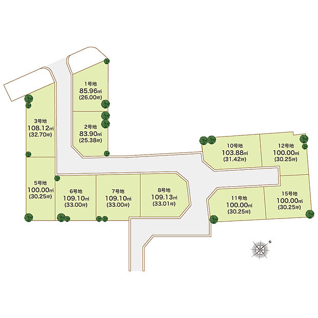 【全体区画図】
ご好評につき、最終1区画！広い間口を活用し、明るく開放的な住まいを建築可能な3号地♪プライバシー性の高い分譲地内道路に面しています。