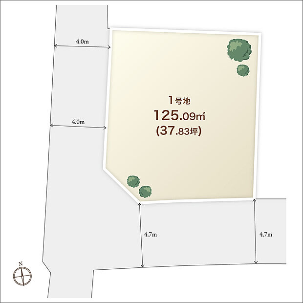 【区画図】
◆限定1区画◆土地面積37坪超！南側・西側が道路に面した開放的な角地に、自由設計対応の分譲地が誕生しました♪