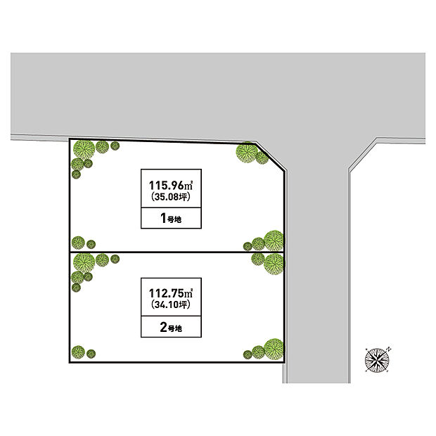 【全体区画図】
限定2区画！敷地面積34・35坪超の分譲地◎1号地は開放感のある角地、2号地は敷地全体を有効活用しやすい整形地です。