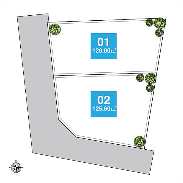 【全体区画図】120m2以上のゆとりある敷地面積の全2区画。自由設計で幅広いプランをご検討いただけます。閑静な住宅地に位置し、教育施設や複数の買い物施設が近隣に揃う、暮らし良いロケーションです。