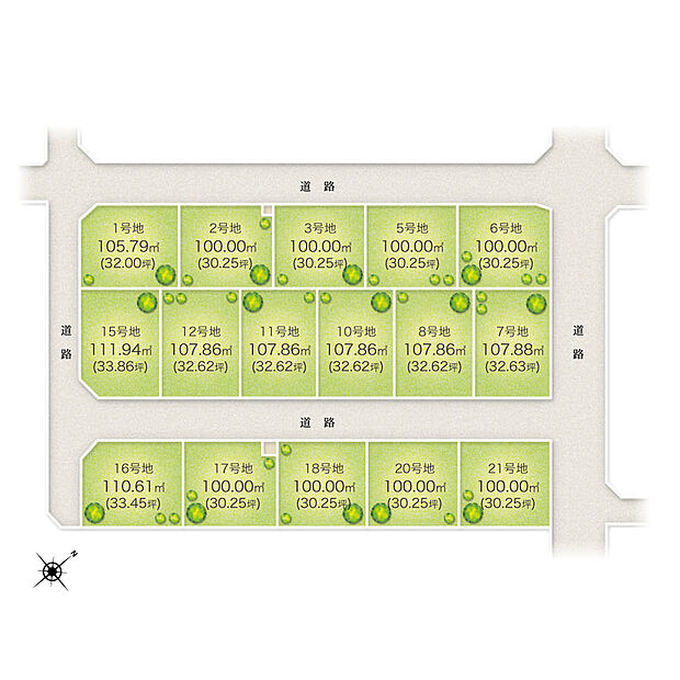 土地面積100.00m2以上の全16区画の街並み!建ぺい率60%、容積率200%。建築プランを多数ご用意しておりますので、是非、お問い合わせください。