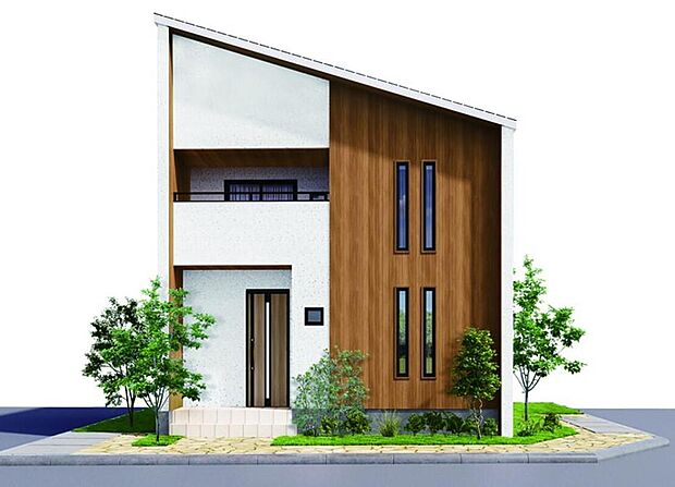 【【外観パース/ラ・イーブス】】片流れ屋根がスタイリッシュな印象を与える la eaves(ラ・イーブス) 白と木目を基調にした、すっきりとしたデザインの家。飽きることのない美しさを保ちます。