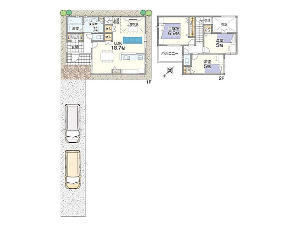 【3LDK】対面式キッチン＆リビング階段を採用した、ご家族の気配を身近に感じられる間取りです。LDK約18.7帖の広々空間。リビング上部は吹抜け仕様のため、たっぷりと自然光が差し込みます。