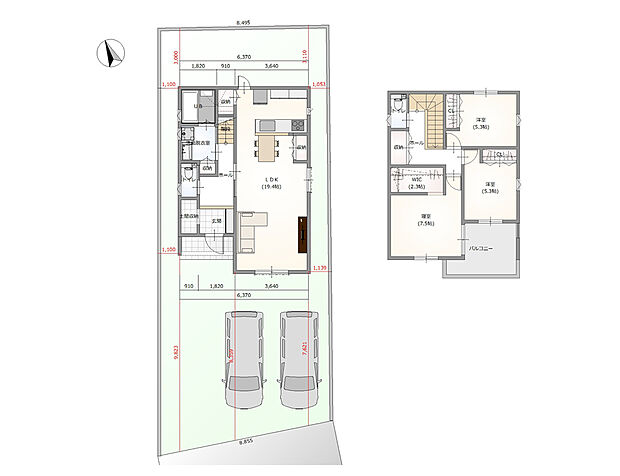 【3LDK】◎玄関から水回りやLDK、2階へ直接アプローチができるホール階段仕様。来客時など、様々なライフシーンで使いやすい動線を描きます。
◎LDKは約19.4帖！ダイニング近くの収納は、ご家族共用の常備薬などの保管場所に。
◎対面キッチン近くの収納は、パントリーとしてもご利用もしやすい配置。勝手口を設けることで、ゴミ出し等の際などに直接外に出入りいただけます。
◎2階主寝室やバルコニーが南向き！洗濯物が乾きやすく、家事の心強い味方です。
◎主寝室は約7.5帖！ベッドを置いてもゆとりある広さです。