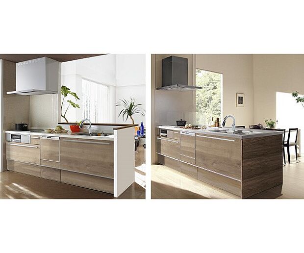 【キッチン】家族でのコミュニケーションがとれる対面型システムキッチン。横一列にシンクとコンロをまとめたシンプルな形です。動きやすさとスタイリッシュなデザインが魅力。