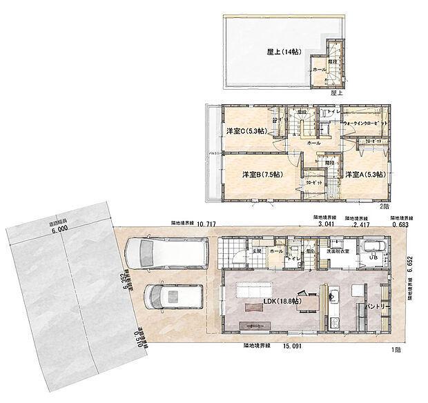 【A区画(3LDK+ファミリークローゼット+屋上)】〇木造2階建・延床面積:105.99m2(32.06坪) 〇建物代金:2,300万円(税込) 〇土地+建物代金合計:6,780万円(税込)