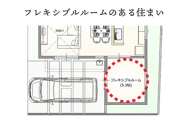 フレキシブルルームは、ダイニング・キッズルーム、ワークオフィスなど多目的に利用できる空間です。