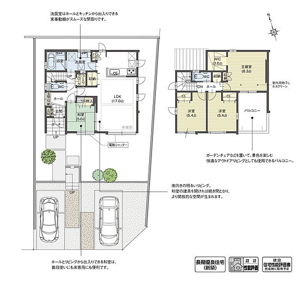 【4LDK】日常生活が便利になる回遊動線を取り入れた住まいです。キッチンと洗面室を隣接させることで、家事時間の短縮につながります。また広々としたバルコニーは、アウトドアリビングとしても楽しめる空間となっています。

※設計性能評価取得済