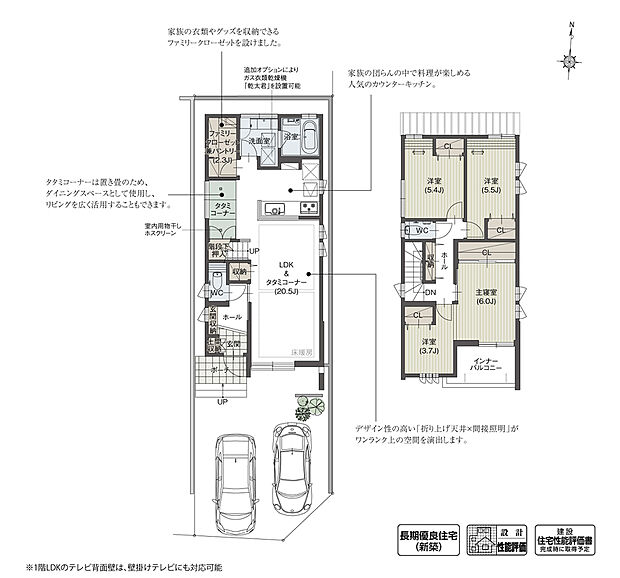 【4LDK】1階のファミリークローゼットは、普段使いの衣服やバッグを収納できるだけでなく、一部はパントリーとして活用できます。また、キッチン横にあるタタミコーナーは置き畳のため、フローリングとしても使用可能。様々な場面に合わせて活用できる間取りです。

※設計性能評価取得済