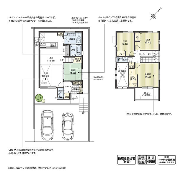 【4LDK】リビングの大きな吹き抜けが空間に開放感と明るさをもたらします。また和室をホールと繋げ、来客時にも使える便利な動線も確保しました。家事をしながら勉強中の子どもの様子を見守れるように、キッチン横にカウンタースペースも設置しています。

※設計性能評価取得済