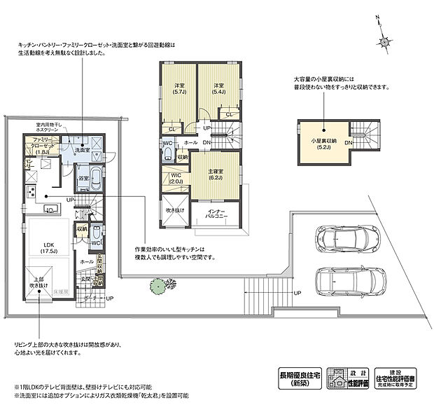 【3LDK】奥まった敷地でありながらも、吹き抜けから光を取り入れることで、明るく開放感のあるリビングに仕上げました。大容量の小屋裏収納やファミリークローゼットなど、収納量が豊富な点もポイントです。
※設計性能評価取得済