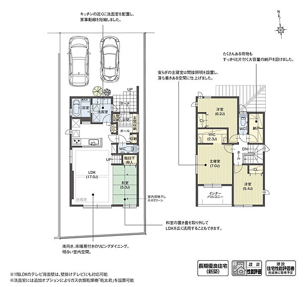 【4LDK】リビングの一部に置き畳を採用しており、用途に合わせて取り外せば間取りを変えることが可能。子どもの成長や生活スタイルの変化に対応できる、暮らしに寄り添った快適な住まいです。

※設計性能評価取得済
