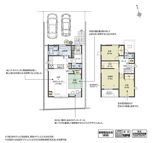 【4LDK】LDKと続き間の洋室は、置き畳やロールカーテンによって和室に変化。子どもの遊び場やお昼寝スペースとして重宝します。また置き畳やロールカーテンを外せば、広々とした開放的なLDKとなります。

※設計性能評価取得済